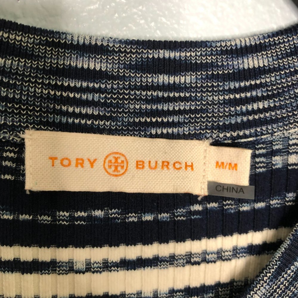 Tory Burch Julie Intarsia Striped Blue White Sweater Dress Medium Women's Midi - Picture 2 of 6